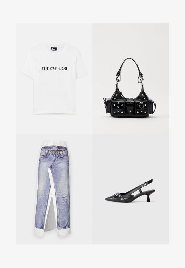 Balta medvilninė marškinėliai trumpomis rankovėmis ir apykakle, su juodu grafiniu tekstu, kuriame užrašyta "THE KOOPLES."; Džinsinė sijonas su džinsų nuotraukų spausdinimu ant balto audinio. Yra standartinė juosmens linija, šoninė skela ir detali siuvimo linija ant kišenių.; Juodas odinis slingback tipo batai su smailiu priekiniu atvartu, dekoratyvinėmis sagtimis su metaliniais akyčiais ir žemu blokiniu kulnu. Saldus paviršius.; Juodas odinis rankinukas su kreiviu dizainu, su sidabro spalvos knopkėmis, užsegimu ir dviem šoninėmis kišenėmis. Reguliuojama dirželis nešimui.