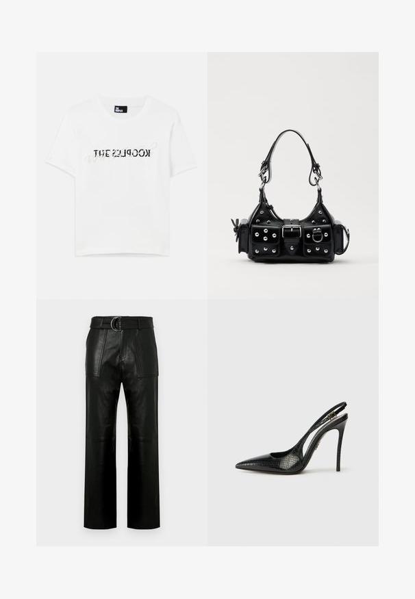 Camiseta de algodón blanca con mangas cortas y un cuello redondo, que presenta un diseño gráfico en negro con el texto "THE KOOPLES."; Pantalones de cuero negros de cintura alta con piernas anchas, grandes bolsillos frontales y un cinturón a juego con hebilla de doble anillo.; Zapato de tacón tipo slingback negro con punta afilada, patrón de serpiente texturizado, tacón de aguja y una hebilla decorativa en la correa.; Bolso de mano de cuero negro con un diseño curvado, que cuenta con tachuelas plateadas, una hebilla y dos bolsillos laterales. Correa ajustable para opciones de transporte.
