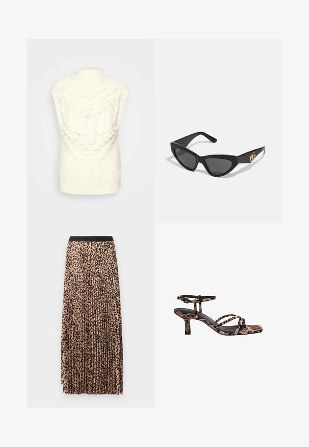 Kremowy, dziany kamizelka z wysokim prążkowanym kołnierzem i teksturowanymi wzorami, w tym warkoczami i kulkami, tworzącymi przytulny wygląd.; Beżowa spódnica maxi z plisowaniem w czarno-leopardzi wzór, z czarnym elastycznym pasem i lekkim, teksturowanym materiałem.; Sandały na obcasie w panterkę, ze kwadratowym noskiem, wieloma paskami i średnim obcasem. Wykonane z miękkiego materiału tekstylnego.; Okulary przeciwsłoneczne w kształcie kocich oczu z matową czarną oprawką z plastiku, ciemnymi soczewkami oraz złotym akcentem z logo na zausznicy. Kanciasty kształt i gładka tekstura.; Brązowa skórzana torebka na ramię z wzorem logo, złotym łańcuszkiem na pasku, zapięciem na zamek błyskawiczny oraz złotymi akcentami. Kompaktowy i prostokątny kształt.