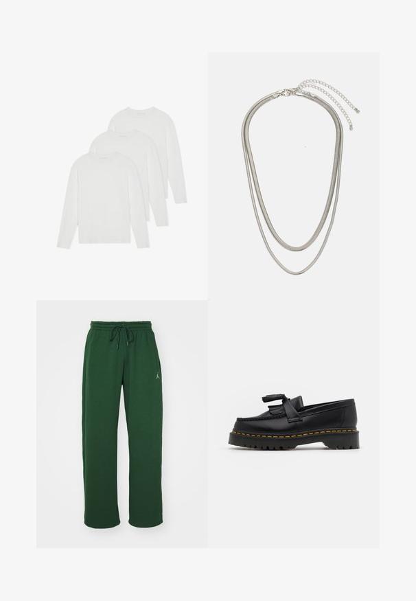 Set van drie lange mouw t-shirts in effen wit. Gemaakt van zachte, lichte stof met een ronde hals en eenvoudig, ongecompliceerd ontwerp.; Groene sportbroek gemaakt van zacht materiaal met een elastische tailleband, rijgsluiting en een klein logo-opdruk op de linkerdij.; Zwarte leren loafers met een franjesaccent, voorzien van een dikke zwarte zool en gele stiksels langs de rand. Gevoelige afwerking.; Driedelige zilveren metalen halsketting met slanke, flexibele kettingen met een lichte glans, beveiligd met een karabijnhaak en een verstelbare ketting.