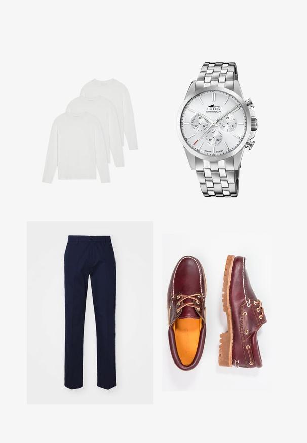 Set od tri majice dugih rukava u čvrstoj bijeloj boji. Izrađene su od mekanog, laganog materijala s okruglim izrezom i jednostavnim, neukrašenim dizajnom.; Tamnoplave hlače ravnog kroja s prednjim kopčanjem na dugme, petljama za remen i glatkom, mat teksturom. Bez uočljivih uzoraka.; Burgundske kožne cipele s smešnim gumenim potplatima, okruglim vrhom, bijelim šavovima i zlatnim rupama za vezivanje. Unutrašnjost ima žutu podstavu.; Srebrni kronografski sat s poliranim remenom od nehrđajućeg čelika, teksturiranom bijelom brojčaniku, tri pod-brojčanika i crvenim naglaskom na kazaljci za minute.