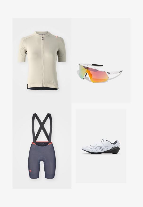 Short-sleeve cycling jersey in light beige, featuring a full front zipper, ribbed texture, and contrasting black hem. Includes a logo accent.; Men's cycling bib shorts in dark blue fabric with red accents, featuring a seamless chamois pad and cross-back suspender design.; Giro STYLUS - Cycling shoes - white; Sweet Protection SHINOBI UNISEX - Sunglasses - rig topaz/satin white