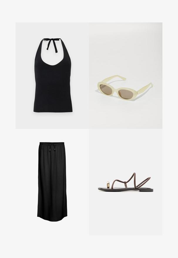Top halter negro hecho de una tela suave, con un escote en V profundo y un cierre de lazo en el cuello, con una silueta ajustada.; Falda maxi negra con cintura ajustable y dos toggles de madera, fabricada en un tejido ligero y suave, con un diseño simple y recto.; Sandalias planas marrones con múltiples tiras delgadas, un lazo para el dedo del pie y un acento en tono dorado. La suela es plana y tiene un acabado suave.; Gafas de sol ovaladas con un marco translúcido de color amarillo pálido y lentes marrones. Presenta una textura suave y sutiles acentos metálicos en los laterales.
