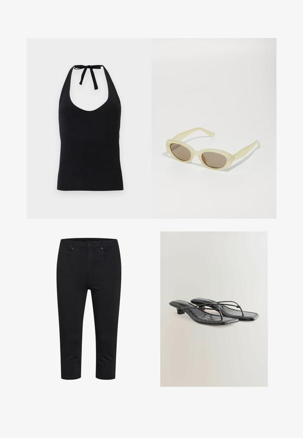 Zwarte haltertop van gladde stof, met een diepe V-hals en een striksluiting aan de nek, met een getailleerde silhoette.; Zwarte cropped slim-fit broek met een ritssluiting en knoop aan de voorkant, en voor- en achterzakken, weergegeven op een witte achtergrond.; Zwarte gepatenteerde nepleren sandalen met hak, vierkante neus, dunne bandjes en krokodillenstructuur. Ontwerp met lage blokhak.; Ovale zonnebril met een doorschijnend lichtgeel frame en bruine glazen. Heeft een soepele textuur en subtiele hardwareaccenten aan de zijkanten.; Geweven rieten handtas in een halve maanvorm, met een gestructureerd oppervlak, beige kleur en een decoratieve kwastaccent. Gouden hardware-logo-detail.; Vijf armbanden: een donkere houten bangle, twee gouden metalen schakels, en twee amberkleurige harsringen met gouden accenten en gladde texturen.