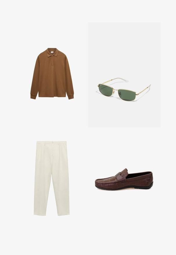 Braunes Langarm-Polohemd aus Baumwolle, mit Kragen, Knopfleiste und Rippbündchen; glatte Textur und entspannte Passform.; Helle beige, gerade geschnittene Hose aus weichem Stoff, mit hoher Taille, vorderen Falten, Knopfverschluss und seitlichen Taschen.; Braune Leder-Mokassins mit strukturiertem Reptilmuster, dekorativem Riemen und schwarzer Gummisohle. Verfügt über Kontrastnähte entlang der Kante.; Sonnenbrille mit goldfarbenem Metallrahmen und grünen Gläsern, eckiger Form und transparenten Bügelenden. Auffällige Markierung auf dem linken Glas.