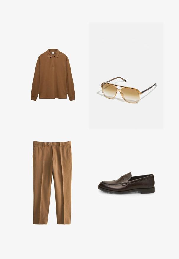 Hnedá polokošeľa s dlhým rukávom vyrobená z bavlny, s golierom, zapínaním na gombíky a rebrovanými manžetami; hladká textúra a voľný strih.; Hnedé nohavice s textúrovanou tkaninou, voľný strih, jednoposuvný uzáver a pútka na opasok. Obsahuje bočné vrecká a strih s rovnými nohavicami.; Hnedé kožené mokasíny s hladkou textúrou, okrúhlou špičkou a šitými detailami. Majú nízky, vrstvený podpätok a dizajn na obúvanie.; Slnečné okuliare s korytnačkovým vzorom, obdĺžnikovým rámom, hnedými gradientnými šošovkami a štíhlymi čiernymi ramenami s jemnými akcentmi loga.