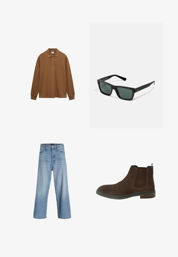 Hnědá polo košile s dlouhým rukávem vyrobená z bavlny, s límečkem, knoflíkovou légou a pružnými manžetami; hladká textura a volný střih.; Svetle modré volné džíny z denimu, s vysokým pasem, klasickým pětikusovým designem a zapínáním na knoflík se zipem.; Hnědé semišové kotníkové boty s elastickými bočními panely, kulatou špičkou a nízkým podpatečným podpatkem. Zdobené prošíváním podél podrážky.; Černé obdélníkové sluneční brýle se zelenými skly, s matným povrchem, rovnými nožkami a logem Ray-Ban na boční straně.