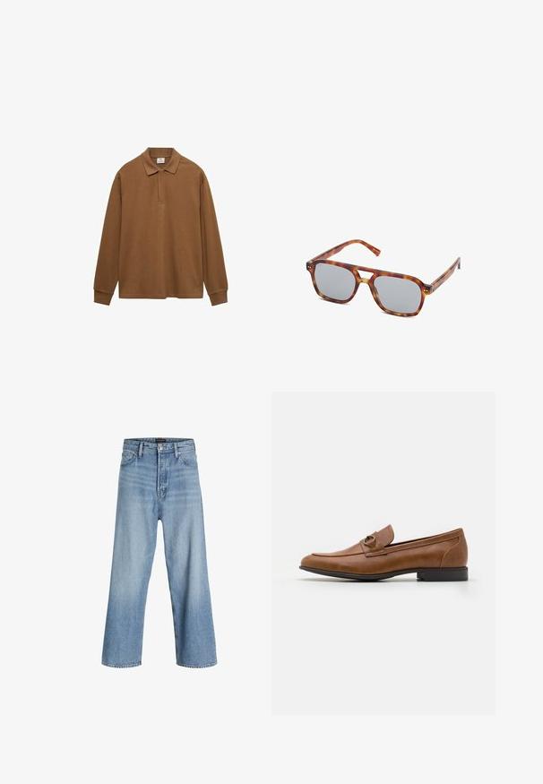 Hnědá polo košile s dlouhým rukávem vyrobená z bavlny, s límečkem, knoflíkovou légou a pružnými manžetami; hladká textura a volný střih.; Svetle modré volné džíny z denimu, s vysokým pasem, klasickým pětikusovým designem a zapínáním na knoflík se zipem.; Hnědé kožené mokasíny s plochým podpatkem, s dekoračním kovovým akcentem na přední části, elegantním designem a hladkou texturou.; Plastové sluneční brýle s želvovinovým vzorem, obdélníkovými šedými skly a štíhlými nožičkami. Mají minimalistický design s výřezem v můstku.