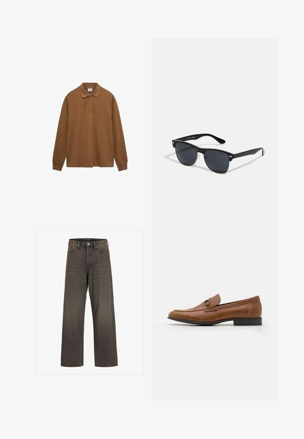 Smeđi pamučni dukserica s dugim rukavima, s ovratnikom, kopčanjem na gumbe i rebrastim manžetama; glatka tekstura i opušteni kroj.; Široke traperice u tamnosivom denimu, s visokim strukom, klasičnim dizajnom s pet džepova i kontrastnim šavovima duž šavova.; Smeđi kožni mokasini s ravnim potplatom, ukrašeni metalnim detaljem sprijeda, s glatkim dizajnom i mekom teksturom.; Crne sunčane naočale pravokutnog oblika, tamne leće, srebrni detalji na sljepoočnicama i matirajuća završna obrada okvira.
