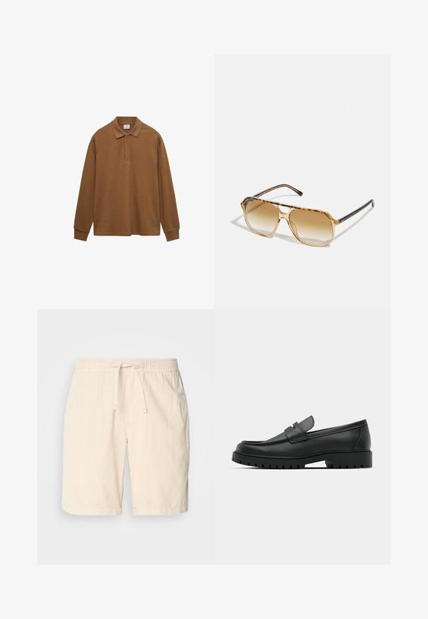 Brown long-sleeve polo shirt made from cotton, featuring a collar, button placket, and ribbed cuffs; smooth texture and relaxed fit.; Beige cotton shorts with an elastic waistband and adjustable drawstring, featuring side pockets and a relaxed fit.; Black leather loafers with a rounded toe, featuring a stitched design, low platform sole, and a textured, lugged rubber outsole.; Tortoiseshell sunglasses with a rectangular frame, brown gradient lenses, and sleek black temples featuring subtle logo accents.
