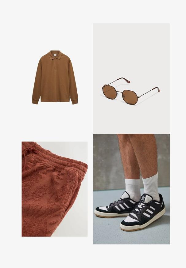 Polo shirt marron à manches longues en coton, avec un col, une patte de boutonnage et des poignets côtelés ; texture lisse et coupe décontractée.; Pantalons de survêtement en terracotta avec un motif floral texturé, ceinture élastique avec cordon de serrage et tissu doux et moelleux pour le confort.; Baskets noir et blanc avec une tige en suède et cuir, comportant trois rayures blanches, un bout perforé et une semelle en caoutchouc gum.; Lunettes de soleil octogonales marron avec des montures en métal noir fin, des plaquettes de nez ajustables et des verres teintés marron ; les branches présentent un accent orange.