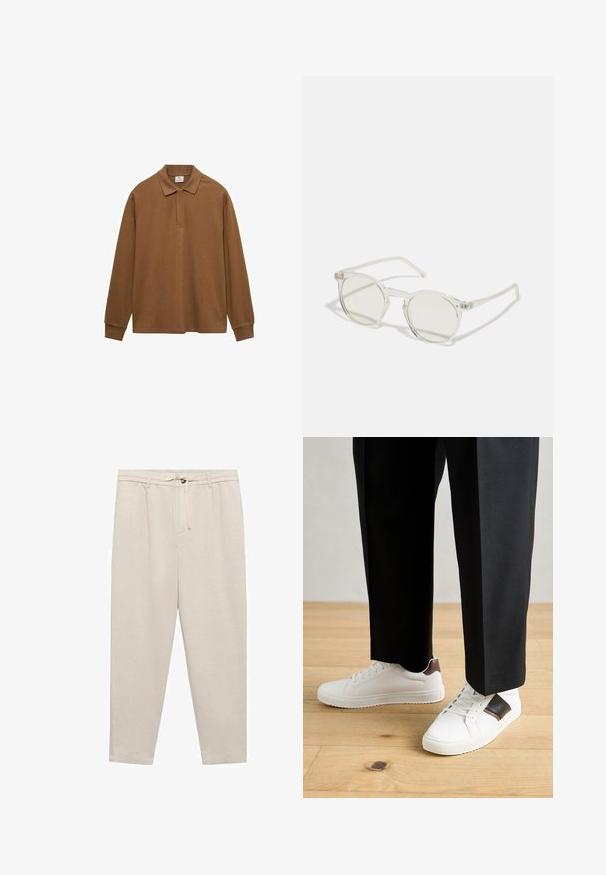 Polo shirt marron à manches longues en coton, avec un col, une patte de boutonnage et des poignets côtelés ; texture lisse et coupe décontractée.; Mango Pantalon classique - off-white; Des sneakers blanches au texture lisse, avec des accents en cuir marron et des détails noirs, assorties à un pantalon noir ajusté. Fond en parquet.; Lunettes de soleil rondes avec une monture transparente, des verres vert clair et des branches fines et transparentes. Présente des accents matériels discrets sur la monture.