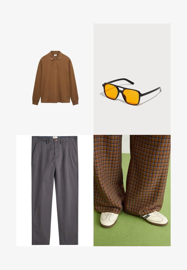 Hnědá polo košile s dlouhým rukávem vyrobená z bavlny, s límečkem, knoflíkovou légou a pružnými manžetami; hladká textura a volný střih.; Šedé bavlněné kalhoty s rovnými nohavicemi, zapínáním na knoflík a bočními kapsami. Hladká textura s jemnými prošitími detaily.; Hnědo-modré kostkované široké kalhoty doplněné bílými botami s černými akcenty a texturovanou podrážkou, umístěné na zeleném pozadí.; Černé obdélníkové sluneční brýle s výraznými oranžovými skly. Mají jedinečný design mostu a hladké nožky, vyrobené z lehkého materiálu.