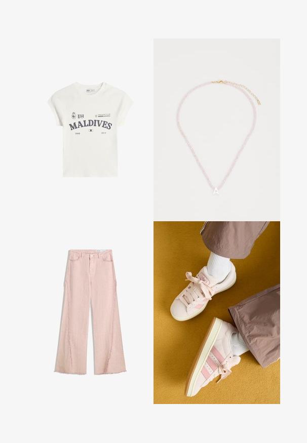 White cotton t-shirt with short raglan sleeves. Features "MALDIVES" graphic print in dark gray, along with logos and dates 2008 and 2014.; Light pink wide-leg jeans with a textured finish, fringed hem, and five-pocket design. Features a button closure and belt loops.; Pink suede sneakers with matching stripes, white laces, and a cream outsole. Paired with white socks and loose brown pants on a yellow background.; Pink bead necklace featuring a white letter "A" pendant, secured with a gold clasp and an adjustable chain. Textured beads add detail.