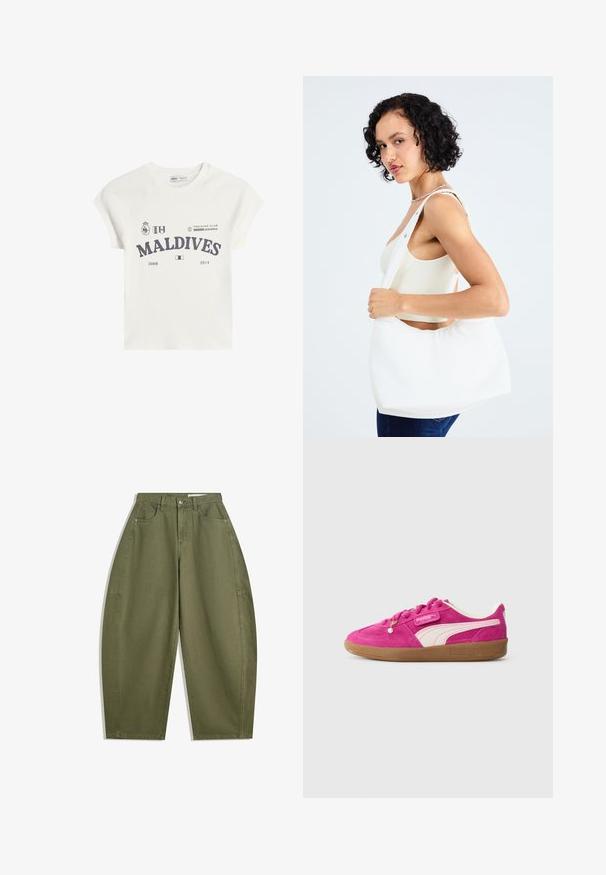 Weißes Baumwoll-T-Shirt mit kurzen Raglanärmeln. Mit einem grafischen Druck "MALDIVES" in Dunkelgrau sowie Logos und den Jahreszahlen 2008 und 2014.; Olivgrüne weite Hose aus Baumwolle mit hoher Taille, Fronttaschen und glatter Textur. Keine Verzierungen oder Muster.; Helle pinke Wildleder-Puma-Sneaker mit weißem Seitenstreifen, Gummisohle und dekorativer Perle an den Schnürsenkeln vor einem hellgrauen Hintergrund.; Weißer Schultertasche aus glattem Material mit ovalem Ausschnitt und breitem Tragegurt. Einfach und modern, ohne sichtbare Hardware.