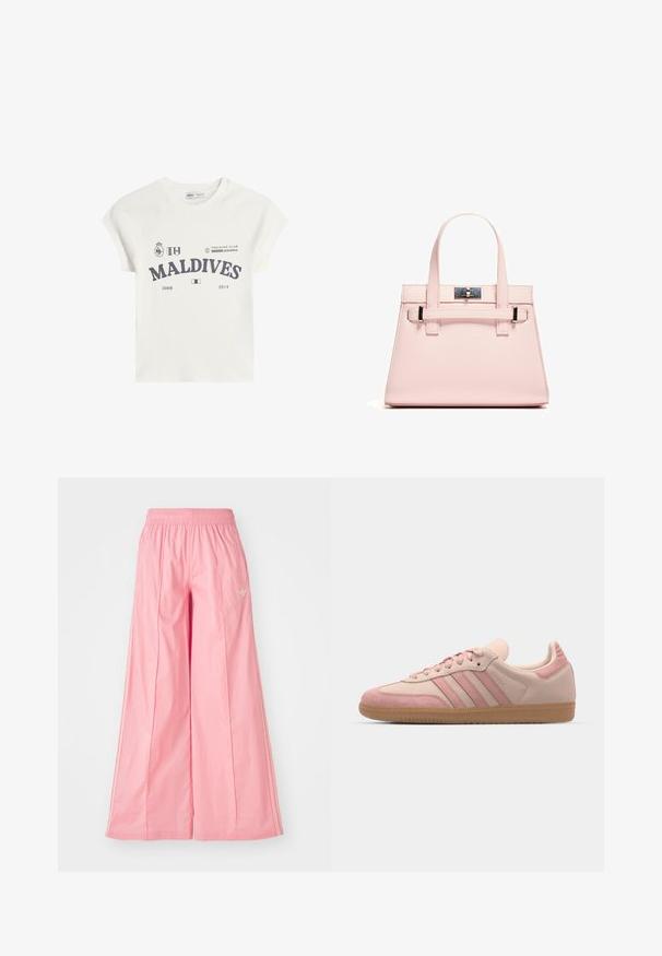 Bijela pamučna majica s kratkim raglan rukavima. Sadrži grafički ispis "MALDIVES" u tamnosivoj boji, zajedno s logotipima i godinama 2008. i 2014.; Roze široke hlače napravljene od lagane tkanine, sa elastičnim pojasom i suptilnim bijelim bočnim prugama. Mali logo na prednjem dijelu.; adidas Originals SAMBA OG - Tenisice - quartz/mauve; Ružičasta strukturirana torba od teksturirane kože, s dva gornja ručka, zatvaranjem na kopču i kontrastnim metalnim detaljima.