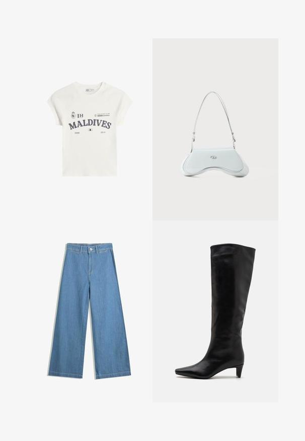 Fehér pamut póló rövid raglán ujjakkal. Tartalmazza a "MALDIVES" grafikus mintát sötétszürke színben, valamint logókat és a 2008-as és 2014-es éveket.; Világoskék, laza szárú farmernadrág, gombos záródással, övpántokkal és diszkrét varrási részletekkel.; Térdhez érő fekete bőr csizmák hegyes orral és alacsony, elegáns sarokkal; sima felszíni textúrával, egyszerű és letisztult dizájnnal.; Fehér lakkbőr válltáska ívelt dizájnnal, ezüst színű fémrészletekkel és diszkrét logóval az elülső részen. Állítható pánt jár hozzá.