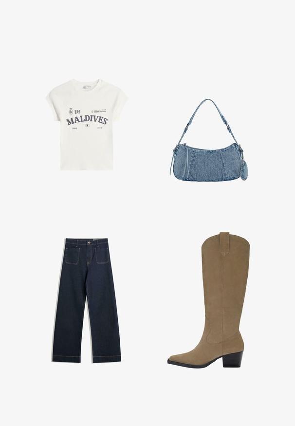 Valkoinen puuvillainen t-paita, jossa on lyhyet raglansleeve -hiha. Esillä "MALDIVE" -grafiikkapainatus tummanharmaana sekä logot ja vuodet 2008 ja 2014.; Tummansinisiä leveälahkeisia farkkuja, joissa on vaaleanruskeat tikkaukset, kaksi takataskua ja napitus vyötäröllä.; Pohjepituinen vaaleanruskea mokkasaappaat, joissa on kärjelliset varpaat, kasattua korkoa ja sauma-alueen yksityiskohtia. Sileä pinta ja jämäkkä muotoilu.; Denim-käsilaukku, jossa on kaareva muoto, vaaleansininen väri, säädettävä olkahihna ja pieni irrotettava pussukka metallikoristeilla.