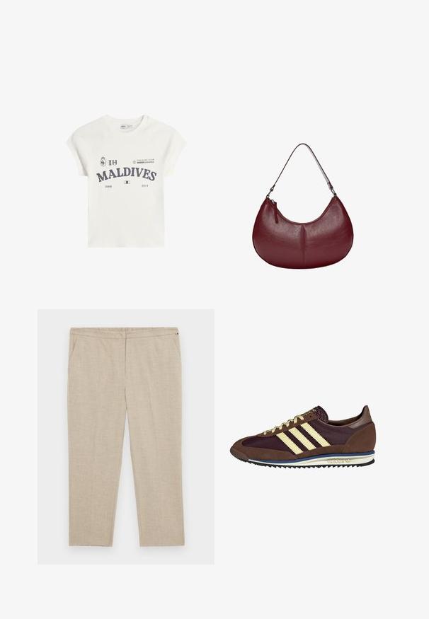 T-shirt bianca in cotone con maniche corte a raglan. Presenta una stampa grafica "MALDIVES" in grigio scuro, insieme a loghi e date 2008 e 2014.; Tommy Hilfiger Curve Pantaloni - classic beige; Sneaker marrone e bordeaux realizzato in materiali scamosciati e in rete, caratterizzato da tre strisce color crema, tessuto testurizzato sulla linguetta e suola in gomma.; Borsa a tracolla in pelle bordeaux con una forma curva. Caratterizzata da una sola tracolla e una zip superiore, presenta una superficie liscia e testurizzata.