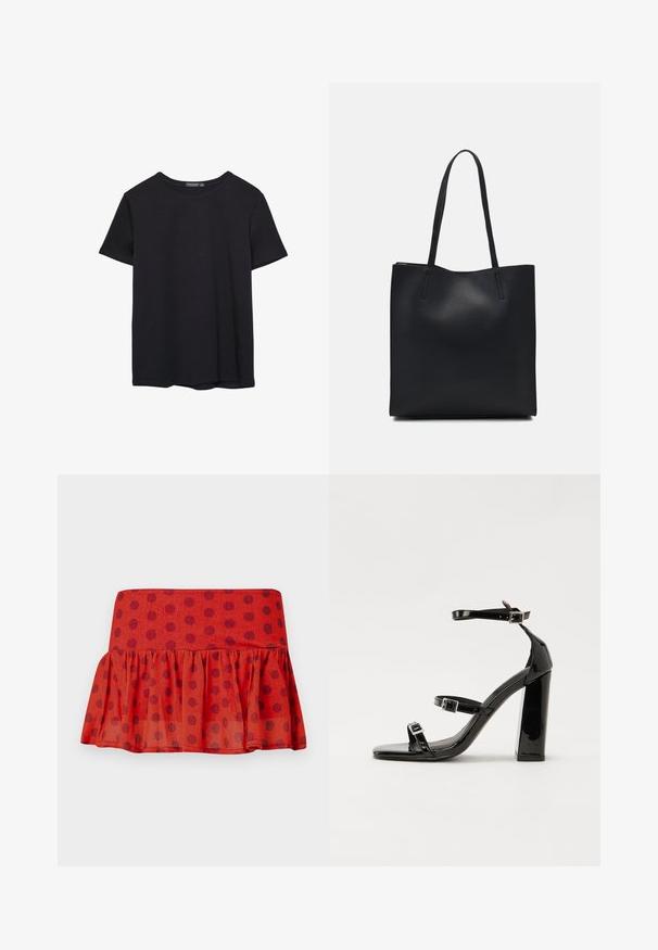 Enostavna črna bombažna majica s kratkimi rokavi in okroglim izrezom, prikazana na belem ozadju.; Rdeča nabrana krila s črnimi pikami, izdelana iz lahkega materiala. Ima prilegajoč pas in večplastno zasnovo.; Črne lakirane sandale s peto, kvadratnim prstom, trakovi okrog gležnja in srebrnimi zaponkami. Opremljene so s stabilno Debelo peto.; Črna usnjena torba s svilnato teksturo, pravokotne oblike in dvema dolgima ročajema. Brez vidnih metalnih delov ali okrasnih elementov.