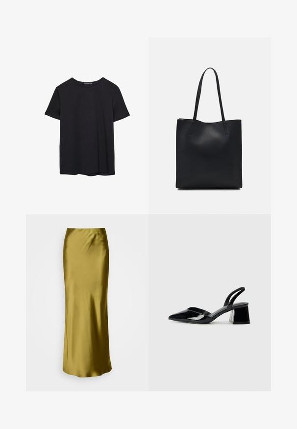 T-shirt en coton noir à manches courtes, col rond, présenté sur un fond blanc.; Jupe haute en satin vert olive, au design élégant et ajusté, avec une forme effilée et une texture lisse, destinée à un style long jusqu'au sol.; Escarpins en cuir verni noir avec bout pointu et talon bloc géométrique. Présente un design élégant et minimaliste ainsi qu'une texture lisse.; Sac fourre-tout en cuir noir avec une texture lisse, de forme rectangulaire et deux longues poignées. Pas de matériel ou d'ornementations visibles.