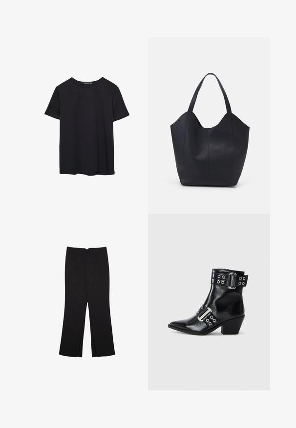 Jednoduché čierne bavlnené tričko s krátkym rukávom a okrúhlym výstrihom, umiestnené na bielom pozadí.; Čierne nohavice so strihom rovného strihu, s prednými vreckami a bočnými rozparkami na leme. Vyrobené z mäkkej, hladkej tkaniny. Vhodné na rôzne príležitosti.; Čierna kožená členková obuv s špicatou špičkou, striebornými sponami a dvoma popruhmi s okami. Nízky blokový podpätok pre dodatočnú stabilitu.; Čierna taška s dlhým uchom vyrobená z hladkej kože, s oblým otvoreným vrchom a dvoma ramennými popruhmi, minimalistického dizajnu.