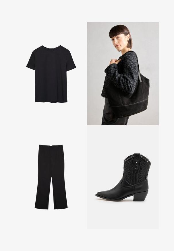 Pura crna pamučna majica kratkih rukava s okruglim izrezom, prikazana na bijeloj pozadini.; Crne hlače ravnog kroja, s prednjim džepovima i bočnim prorezima na rubu. Izrađene od mekog i glatkog materijala. Pogodne za razne prigode.; Crne kožne kaubojke s izoštrenim nožnim dijelom, dekorativnim šavovima i metalnim zakovicama uz vrh. Složeni potplat i teksturirani završetak.; Crna suede torba s glatkom teksturom, strukturiranim oblikom i kontrastnim šavovima. Ima duge trake za nošenje preko ramena.