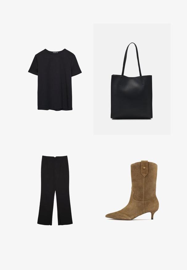 En enkel svart bomulls T-shirt med kort ärm och rund hals, uppvisad på en vit bakgrund.; Svarta byxor med rak passform, utrustade med framfickor och sidoklyvningar vid fållen. Tillverkade av mjukt, slätt tyg. Lämpliga för olika tillfällen.; Brun mockaläder ankelsko med spetsig tå och låg kittenklack. Har dekorativ sömnad och en flik bak för enkel påtagning.; Svart lädertoffelväska med slät textur, rektangulär form och två långa handtag. Ingen synlig hårdvara eller dekorationer.