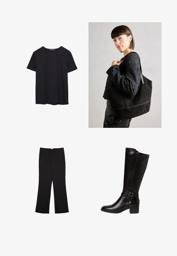 Prosta, krótko rękawowa czarna koszulka bawełniana z okrągłym dekoltem, prezentowana na białym tle.; Czarne spodnie o prostym kroju, z przednimi kieszeniami i bocznymi rozcięciami na dole. Wykonane z miękkiego, gładkiego materiału. Odpowiednie na różne okazje.; Czarne skórzane kozaki do kolan z okrągłym czubkiem, ozdobnym paskiem z okrągłą klamrą oraz niskim blokowym obcasem. Gładka, błyszcząca tekstura.; Czarna torba tote zamszowa o gładkiej fakturze, strukturalnym kształcie i kontrastowym przeszyciu. Posiada długie rączki do noszenia na ramieniu.