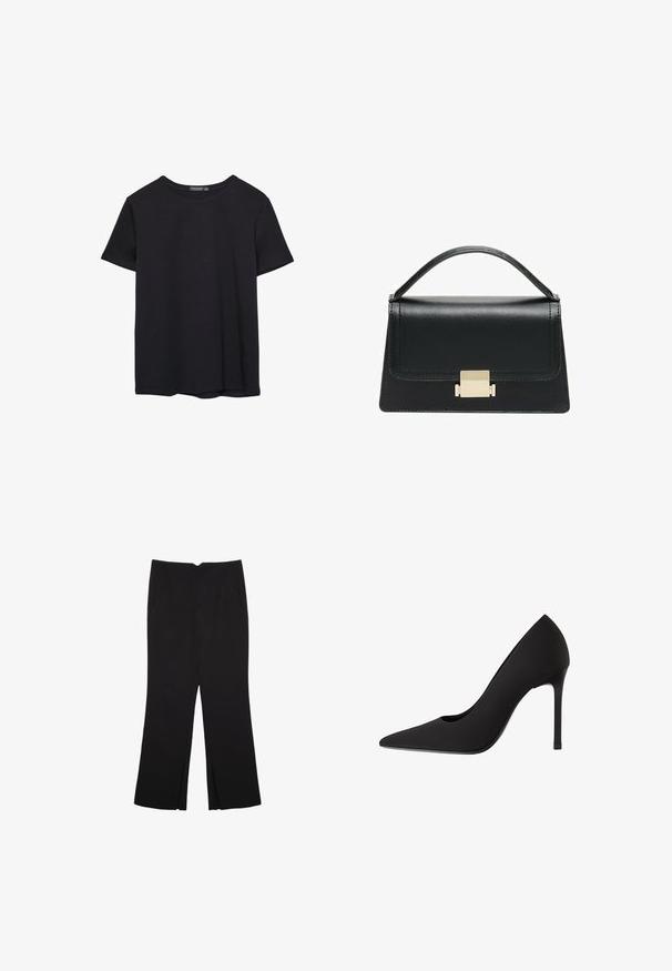 Simpel sort kortærmet bomulds T-shirt med rund hals, præsenteret på en hvid baggrund.; Sorte bukser med lige pasform, der har frontlommer og slidser i kanten. Lavet af blødt, glat stof. Velegnet til forskellige anledninger.; Sort højhælet pumpe med spids tå, slank satinfinish og stilettho. Designet med et subtilt udskæring på siden.; Sort læderhandtaske med et struktureret design, topbærerhåndtag og en detalje i guldfarvet metalklap på fronten. Glat tekstur, minimal syning.