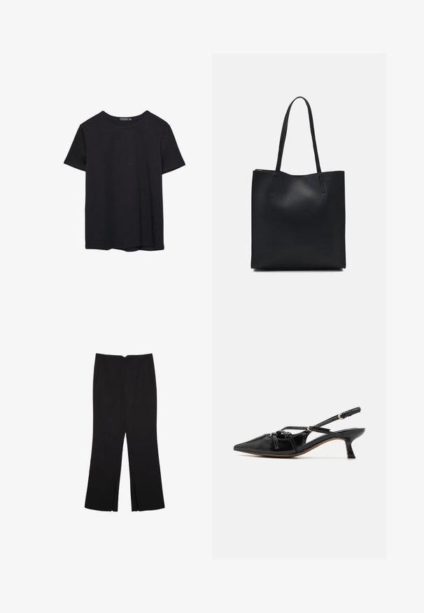 Jednoduché čierne bavlnené tričko s krátkym rukávom a okrúhlym výstrihom, umiestnené na bielom pozadí.; Čierne nohavice so strihom rovného strihu, s prednými vreckami a bočnými rozparkami na leme. Vyrobené z mäkkej, hladkej tkaniny. Vhodné na rôzne príležitosti.; Call it Spring REGINNA B.E.D FOAM - Klasické lodičky na opätku - black; Čierna kožená taška na rameno s hladkým povrchom, obdĺžnikovým tvarom a dvoma dlhými uchami. Bez viditeľného kovania alebo ozdôb.