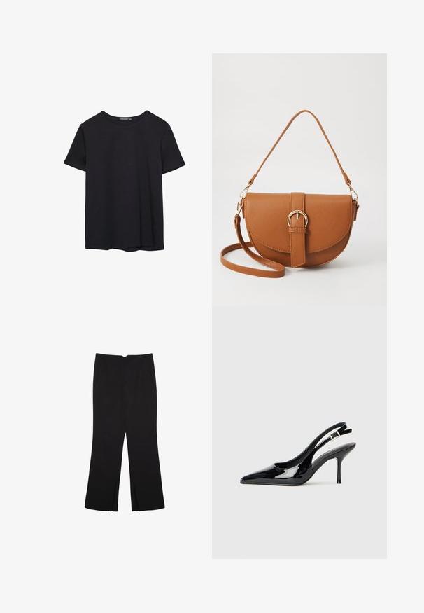 En enkel svart bomulls T-shirt med kort ärm och rund hals, uppvisad på en vit bakgrund.; Svarta byxor med rak passform, utrustade med framfickor och sidoklyvningar vid fållen. Tillverkade av mjukt, slätt tyg. Lämpliga för olika tillfällen.; Svart lackläder slingback pump med spetsig tå och slank klack. Har en justerbar spänne bak. Slät textur.; Brun läder crossbody-väska med en böjd form, gyllene detaljer och en spänneaccent. Har en avtagbar axelrem.