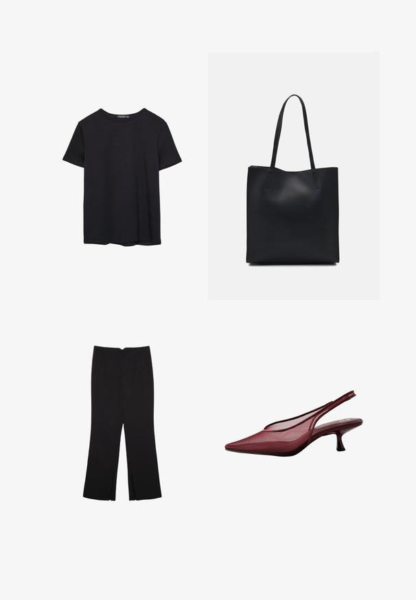T-shirt en coton noir à manches courtes, col rond, présenté sur un fond blanc.; Pantalon noir avec une coupe droite, doté de poches avant et d'éclairs sur l'ourlet. Fabriqué en tissu doux et lisse. Convient à diverses occasions.; Escarpins bordeaux à talon ouvert avec un bout pointu et une tige en maille. Ils présentent un talon fin et un design découpé, offrant une silhouette élégante.; Sac fourre-tout en cuir noir avec une texture lisse, de forme rectangulaire et deux longues poignées. Pas de matériel ou d'ornementations visibles.