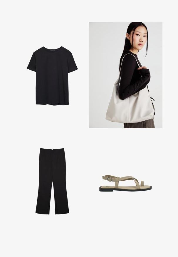 Plain short-sleeve black cotton T-shirt with crew neck, displayed on a white background.; Black trousers with a straight fit, featuring front pockets and side slits at the hem. Made of soft, smooth fabric. Suitable for various occasions.; Beige suede sandals with a flat sole, featuring crisscross straps and an adjustable buckle on the back. Minimalist design and open toe.; Beige handbag made of soft material, featuring a slouchy design, stitched detailing, and two shoulder straps. Suitable for everyday use.