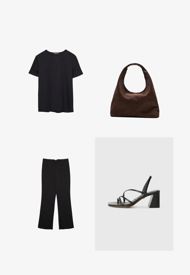 En enkel svart bomulls T-shirt med kort ärm och rund hals, uppvisad på en vit bakgrund.; Svarta byxor med rak passform, utrustade med framfickor och sidoklyvningar vid fållen. Tillverkade av mjukt, slätt tyg. Lämpliga för olika tillfällen.; Svarta klacksandaler med fyrkantig tå, med flera tunna remmar och en geometrisk klack. Slät lädertextur och minimalistisk design.; Mjuk brun hobo-väskastil med ett brett axelband och en rundad öppning upptill, visad på en vit bakgrund.