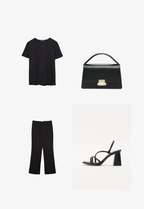 T-shirt nera in cotone a maniche corte con collo a giro, esposta su uno sfondo bianco.; Pantaloni neri a gamba dritta, con tasche frontali e spacchi laterali all'orlo. Realizzati in tessuto morbido e liscio. Adatti a diverse occasioni.; Sandal con tacco alto nero e quadrato, caratterizzato da più sottili cinturini che si incrociano sul piede e un design con schiena aperta. Texture in pelle liscia.; Borsa a tracolla in pelle nera con design strutturato, manico superiore e dettaglio in metallo dorato sulla parte frontale. Texture liscia, cuciture minime.