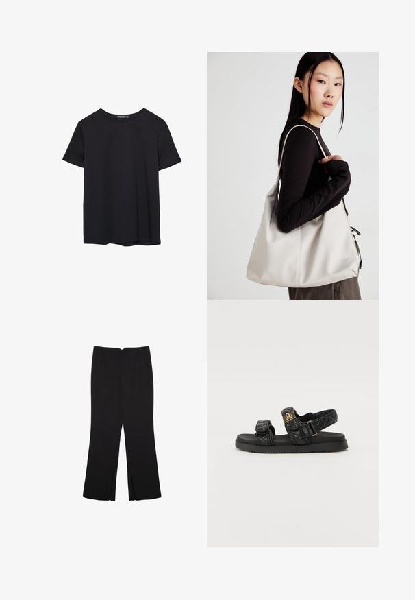 Pura crna pamučna majica kratkih rukava s okruglim izrezom, prikazana na bijeloj pozadini.; Crne hlače ravnog kroja, s prednjim džepovima i bočnim prorezima na rubu. Izrađene od mekog i glatkog materijala. Pogodne za razne prigode.; Crne jastučićaste sandale s dva podesiva remena, zlatnim detaljima i teksturiranom crnom potplatom. Moderna i elegantna izrada.; Bežna torba od mekog materijala s opuštenim dizajnom, šivanim detaljima i dva remena za rame. Pogodna za svakodnevnu upotrebu.