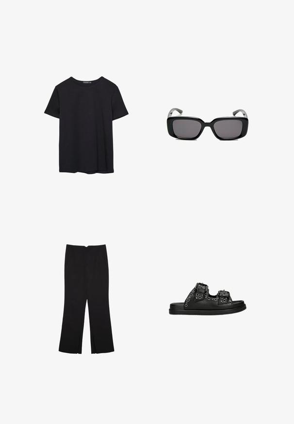 Jednoduché černé bavlněné tričko s krátkým rukávem a kulatým výstřihem, vystavené na bílém pozadí.; Černé kalhoty s rovným střihem, s předními kapsami a bočními rozparky na lemu. Vyrobené z jemné, hladké tkaniny. Vhodné na různé příležitosti.; Černé skluzné sandály vyrobené z hladké kůže s dvěma přezkami a kulatými stříbrnými očky. Plochá podrážka a otevřený design prstů.; Černé obdélníkové sluneční brýle s tmavými skly, hladkým plastovým rámem a zakřivenými stranicemi. Design je robustní s minimalistickou estetikou.
