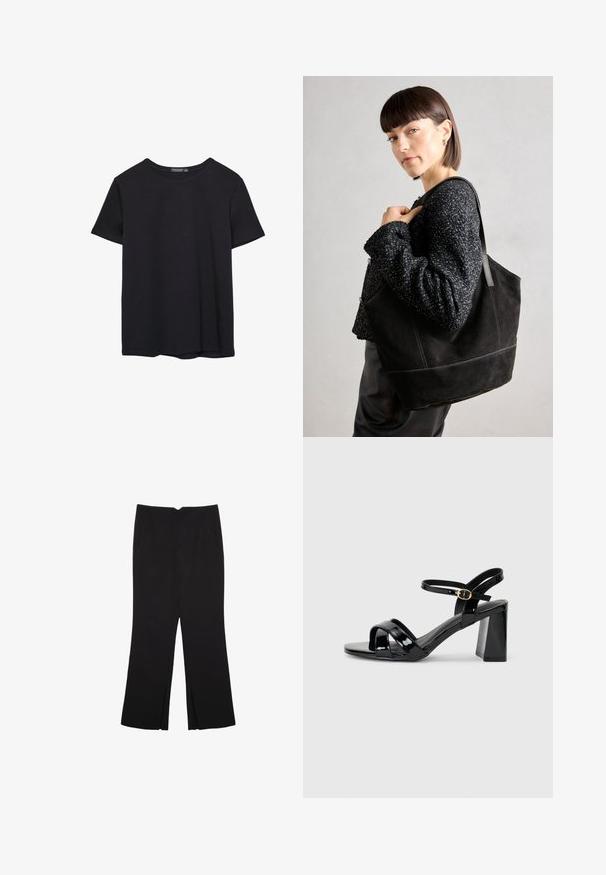 Enostavna črna bombažna majica s kratkimi rokavi in okroglim izrezom, prikazana na belem ozadju.; Črne hlače ravnega kroja z naglavnimi žepi in stranskimi razporki na robu. Narejene iz mehke, gladke tkanine. Primerne za različne priložnosti.; Črne lakirane sandale na visoki peti z blok peto, z prepletenimi sprednjimi trakovi in nastavljivim gležnjačnim trakom z zlatim sponko.; Črna semiš torbica z gladko teksturo, strukturirano obliko in kontrastnim šivanjem. Ima dolge naramnice za nošenje na rami.