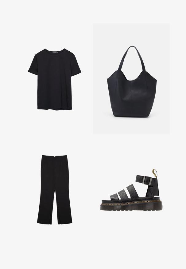 Pura crna pamučna majica kratkih rukava s okruglim izrezom, prikazana na bijeloj pozadini.; Crne hlače ravnog kroja, s prednjim džepovima i bočnim prorezima na rubu. Izrađene od mekog i glatkog materijala. Pogodne za razne prigode.; Crne kožne sandale s tri široka remena, podesivom metalnom kopčom, debelim reljefnim đonom i narančastim šavovima uz rub.; Crna torba od glatke kože, s zakrivljenim otvorenim vrhom, dva remena za rame i minimalističkim dizajnom.