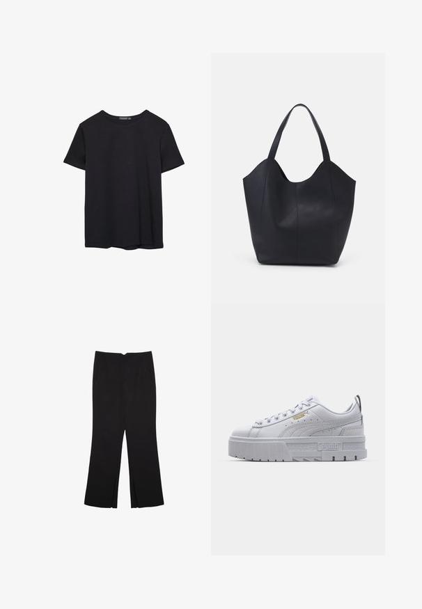 T-shirt nera in cotone a maniche corte con collo a giro, esposta su uno sfondo bianco.; Pantaloni neri a gamba dritta, con tasche frontali e spacchi laterali all'orlo. Realizzati in tessuto morbido e liscio. Adatti a diverse occasioni.; Sneaker platform bianchi con tomaia in pelle liscia, collare imbottito, suola in gomma grigia e dettagli dorati con il logo Puma.; Borsa tote nera realizzata in pelle liscia, con una parte superiore curva e aperta, dotata di due manici per spalla e un design minimalista.