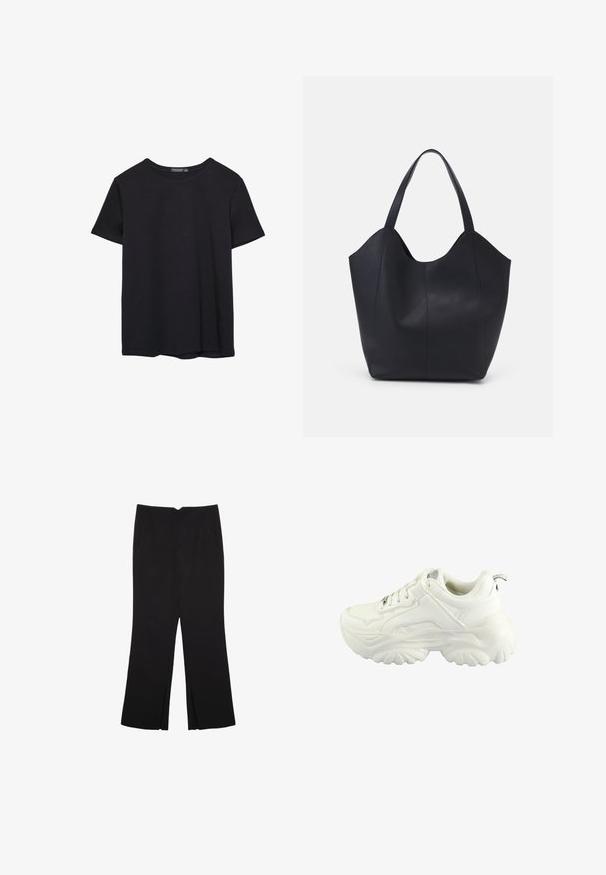 Einfaches schwarzes T-Shirt aus Baumwolle mit kurzen Ärmeln und Rundhalsausschnitt, auf einem weißen Hintergrund dargestellt.; Schwarze Hose mit geradem Schnitt, ausgestattet mit Fronttaschen und Seitenschlitzen am Saum. Hergestellt aus weichem, glattem Stoff. Geeignet für verschiedene Anlässe.; Weißer Sneaker mit einem klobigen Design, glattem Synthetik-Obermaterial, gepolstertem Kragen und einer strukturierten Gummisohle mit Diamantmuster.; Schwarze Tote-Bag aus glattem Leder, mit einem abgerundeten, offenen Oberteil, zwei Schulterträgern und einem minimalistischen Design.