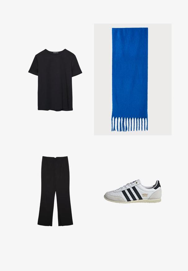 Yksinkertainen lyhythihainen musta puuvillapaidan t-paita, jossa on pyöreä kaula-aukko, esitetty valkoisella taustalla.; Mustat housut suoralinjaisella leikkauksella, joissa on etutaskut ja sivurei'ät helman alla. Valmistettu pehmeästä ja sileästä kankaasta. Sopii eri tilaisuuksiin.; Valkoiset lenkkarit, joissa on mustat raidat ja kultaiset brändäykset. Valmistettu mokka- ja nahkamateriaalista, rei'itetty yläosa ja teksturoitu kumipohja.; Sininen fringekangas, joka on valmistettu pehmeästä materiaalista; siinä on yksivärinen pinta ja tasaisesti leikattu fringejalkeen alareunassa.