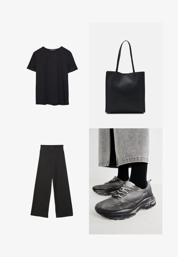 Yksinkertainen lyhythihainen musta puuvillapaidan t-paita, jossa on pyöreä kaula-aukko, esitetty valkoisella taustalla.; Mustat leveälahkeiset housut, joissa on korkea joustava vyötärö, pehmeä kangas ja väljät mitat, sopivat arkiseen käyttöön tai rentoihin tiloihin.; Musta ja harmaa urheilukengät sisältävät verkkomateriaalista valmistetun päällisen, paksut pohjat ja nauhat. Kenkien kärki on pyöristetty ja niissä on näkyvää pehmustusta.; Mustapahkainen kangaskassi, jossa on sileä pinta, suorakaiteen muotoinen ja kaksi pitkää kahvaa. Ei näkyvää metalliosaa tai koristeita.