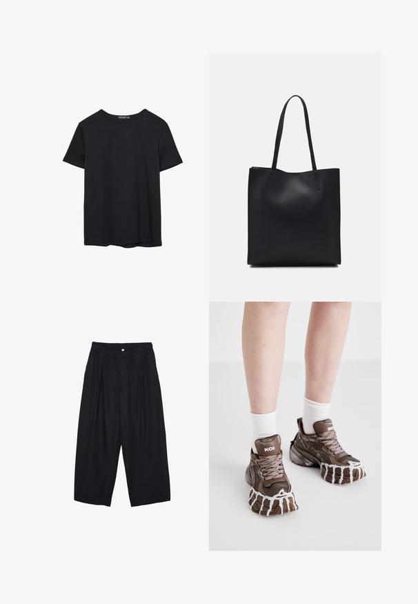 T-shirt nera in cotone a maniche corte con collo a giro, esposta su uno sfondo bianco.; Pantaloni culotte neri in poliestere con una cintura elastica, due pieghe frontali e una silhouette ampia. Nessun motivo visibile o dettagli in metallo.; Le sneaker in rete marrone presentano suole spesse con un design bianco che sembra colare, lacci testurizzati e dettagli del marchio sul tallone. Calze bianche visibili sopra.; Borsa tote in pelle nera con texture liscia, forma rettangolare e due manici lunghi. Nessun hardware o decorazione visibile.