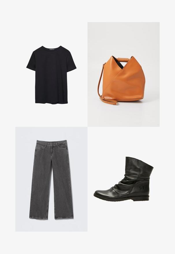 T-shirt nera in cotone a maniche corte con collo a giro, esposta su uno sfondo bianco.; Jeans di denim grigi a gamba larga con finitura testurizzata. Presentano uno stile a cinque tasche e una cintura con passanti.; Stivale alla caviglia in pelle nera con design svasato, punta arrotondata e suola piatta. Presenta un delicato logo a farfalla sul lato. Texture liscia.; Borsa a mano in pelle color tan con design unico a pieghe triangolari, manico superiore e tracolla removibile su sfondo bianco.