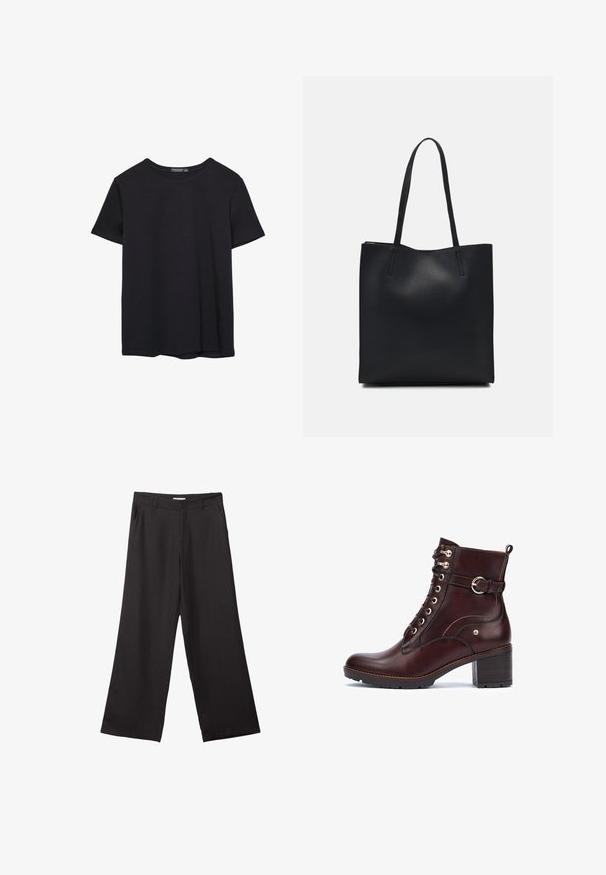 Pura crna pamučna majica kratkih rukava s okruglim izrezom, prikazana na bijeloj pozadini.; Crne hlače širokog kroja izrađene od glatkog materijala, s prednjim patentnim zatvaračem i dva bočna džepa, s prilagođenim fitom i minimalističkim dizajnom.; Pikolinos LLANES - Gležnjače - dark brown; Crna kožna torba za nošenje s glatkom teksturom, pravokutnim oblikom i dvije duge ručke. Nema vidljivih metalnih dijelova ili ukrasa.