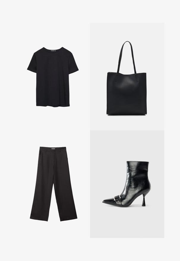 En enkel svart bomulls T-shirt med kort ärm och rund hals, uppvisad på en vit bakgrund.; Svarta vida byxor i slät väv, med dragkedja fram och två sidofickor, med skräddarsydd passform och minimalistisk design.; Svart ankelboot i glansigt läder med spetsig tå, med en silverfärgad spänne och en unik triangulär klackdesign.; Svart lädertoffelväska med slät textur, rektangulär form och två långa handtag. Ingen synlig hårdvara eller dekorationer.