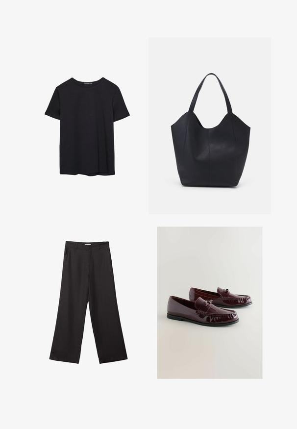 Einfaches schwarzes T-Shirt aus Baumwolle mit kurzen Ärmeln und Rundhalsausschnitt, auf einem weißen Hintergrund dargestellt.; Schwarze weite Hosen aus glattem Stoff, mit einem Reißverschluss vorne und zwei seitlichen Taschen, maßgeschneiderter Passform und minimalistischem Design.; Burgunderfarbene Lackleder Slipper mit abgerundeter Zehe, dekorativem Riemen und subtilen Nähdetails. Schwarze Gummisohle.; Schwarze Tote-Bag aus glattem Leder, mit einem abgerundeten, offenen Oberteil, zwei Schulterträgern und einem minimalistischen Design.