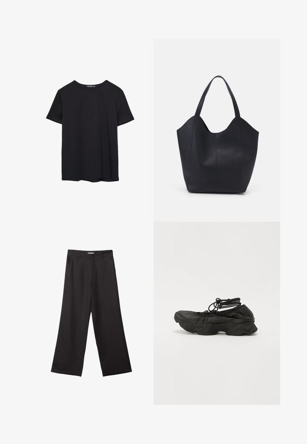 Einfaches schwarzes T-Shirt aus Baumwolle mit kurzen Ärmeln und Rundhalsausschnitt, auf einem weißen Hintergrund dargestellt.; Schwarze weite Hosen aus glattem Stoff, mit einem Reißverschluss vorne und zwei seitlichen Taschen, maßgeschneiderter Passform und minimalistischem Design.; Schwarzer Sportschuh mit einem strukturierten Lederoberteil, runder Zehenpartie und dickem Absatz. Schnürsenkel sind mit Schlaufen am Knöchel befestigt für eine enge Passform.; Schwarze Tote-Bag aus glattem Leder, mit einem abgerundeten, offenen Oberteil, zwei Schulterträgern und einem minimalistischen Design.